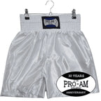 Pro-Am Satin Boxing Shorts by Proamboxinguk, featuring a sleek satin finish and adjustable waistband for combat sports training.