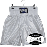 Pro-Am Satin Boxing Shorts by Proamboxinguk, featuring a sleek satin finish and adjustable waistband for combat sports training.