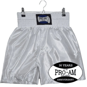 Pro-Am Satin Boxing Shorts by Proamboxinguk, featuring a sleek satin finish and adjustable waistband for combat sports training.