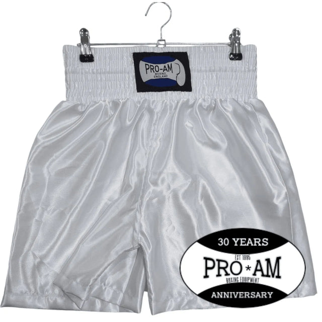 Pro-Am Satin Boxing Shorts by Proamboxinguk, featuring a sleek satin finish and adjustable waistband for combat sports training.