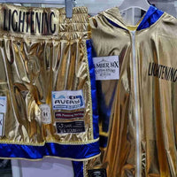 Proamboxinguk adult boxing ring shorts and jacket set, custom-designed athletic boxing apparel with bold colors and branding.