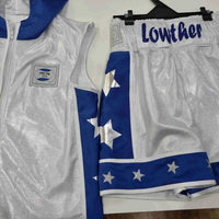 Custom adult boxing ring shorts and jacket set by Proamboxinguk, featuring bold design and athletic fit for boxing training.