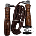 Pro-Am Leather Skipping Rope for boxing training by Proamboxinguk, featuring durable leather handles and a nylon rope.