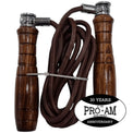 Pro-Am Leather Skipping Rope for boxing training by Proamboxinguk, featuring durable leather handles and a nylon rope.