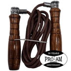 Pro-Am Leather Skipping Rope for boxing training by Proamboxinguk, featuring durable leather handles and a nylon rope.