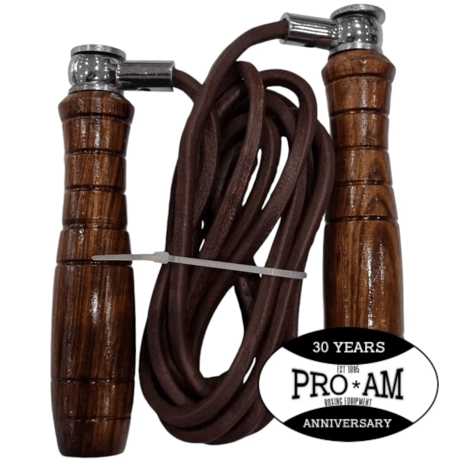 Pro-Am Leather Skipping Rope for boxing training by Proamboxinguk, featuring durable leather handles and a nylon rope.