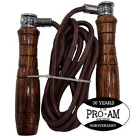Pro-Am Leather Skipping Rope for boxing training by Proamboxinguk, featuring durable leather handles and a nylon rope.