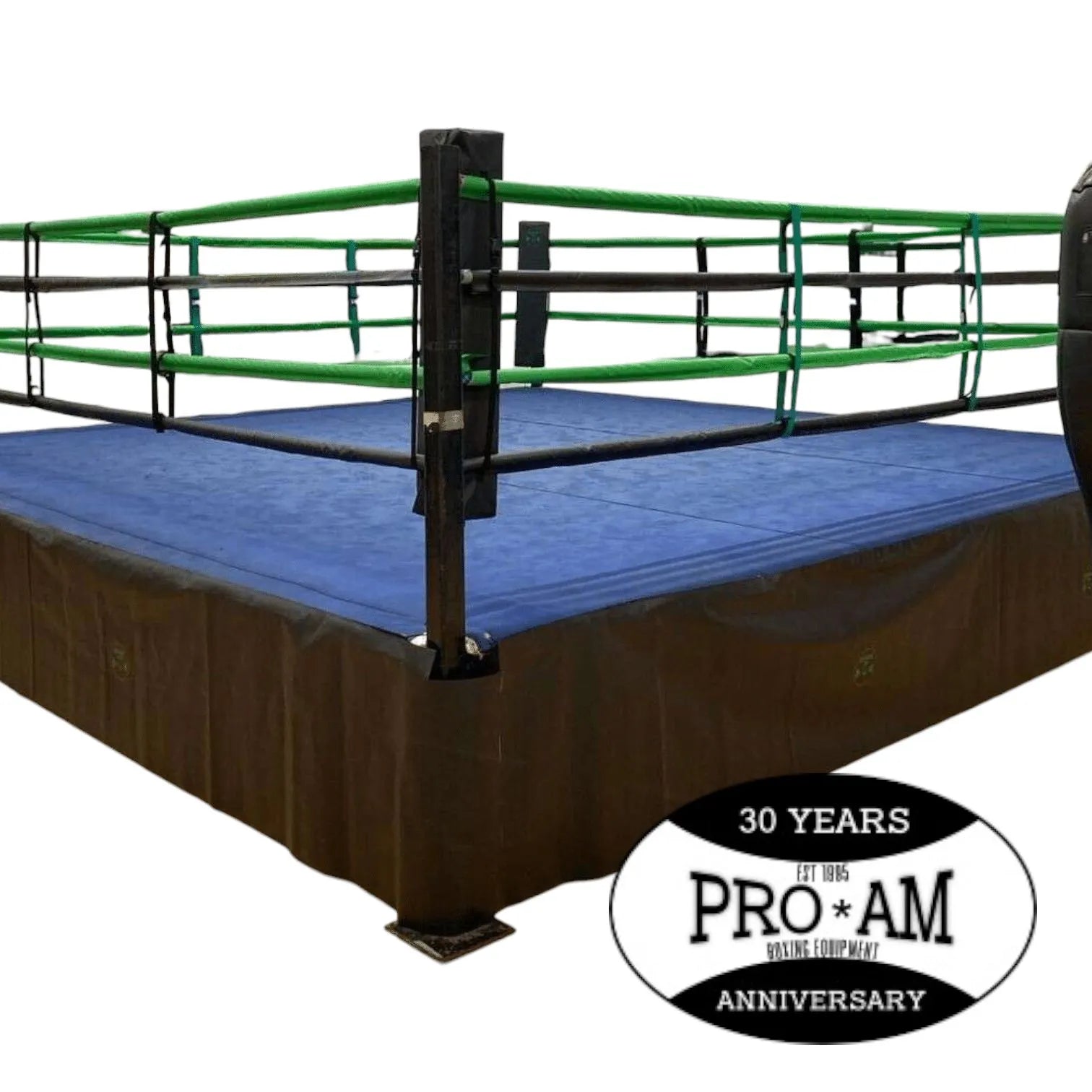 Custom boxing rings by Proamboxinguk with padded corner posts and blue canvas surface for professional boxing matches.