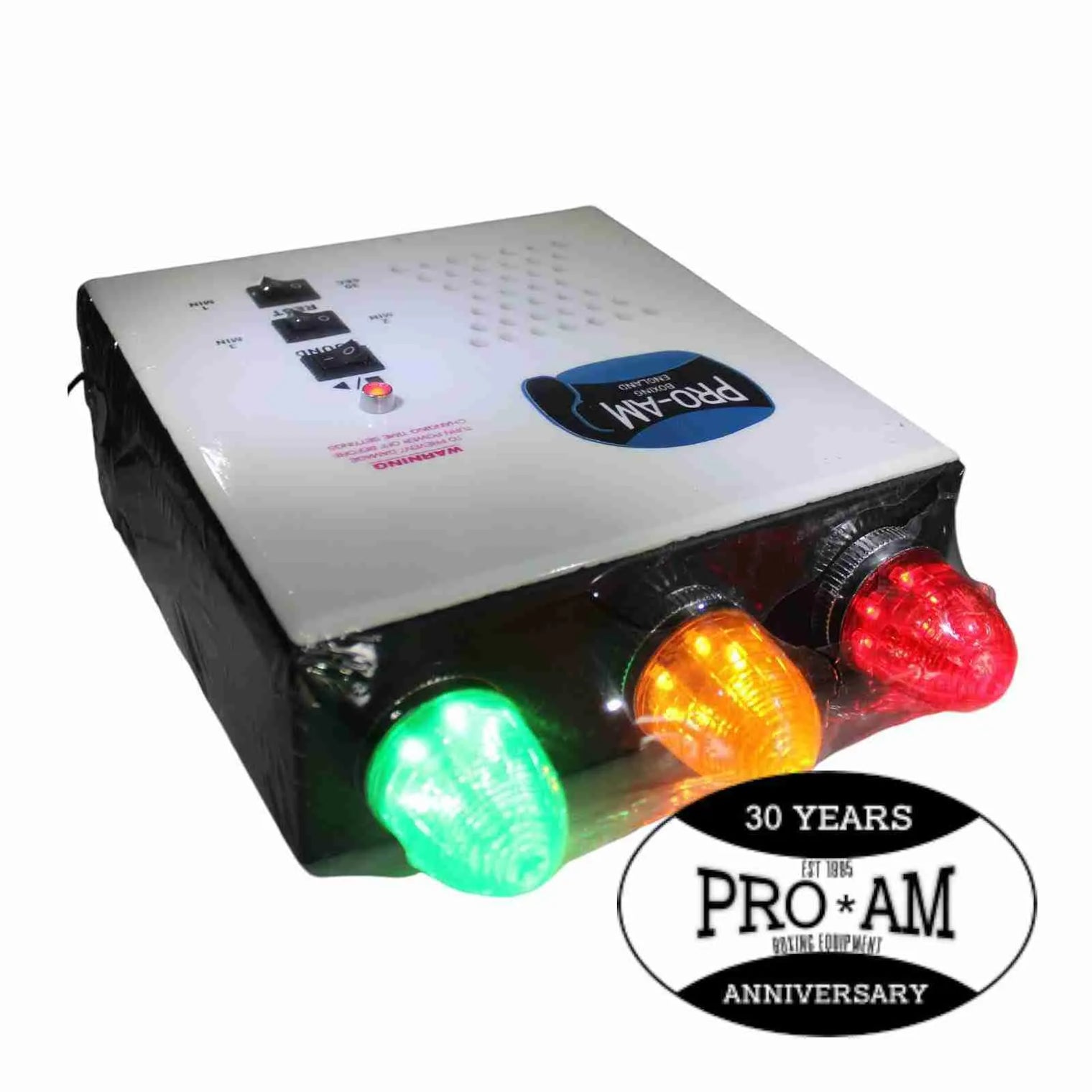 Proamboxinguk Traffic Light Boxing Gym Timer showing red, yellow, and green lights for boxing training sessions.