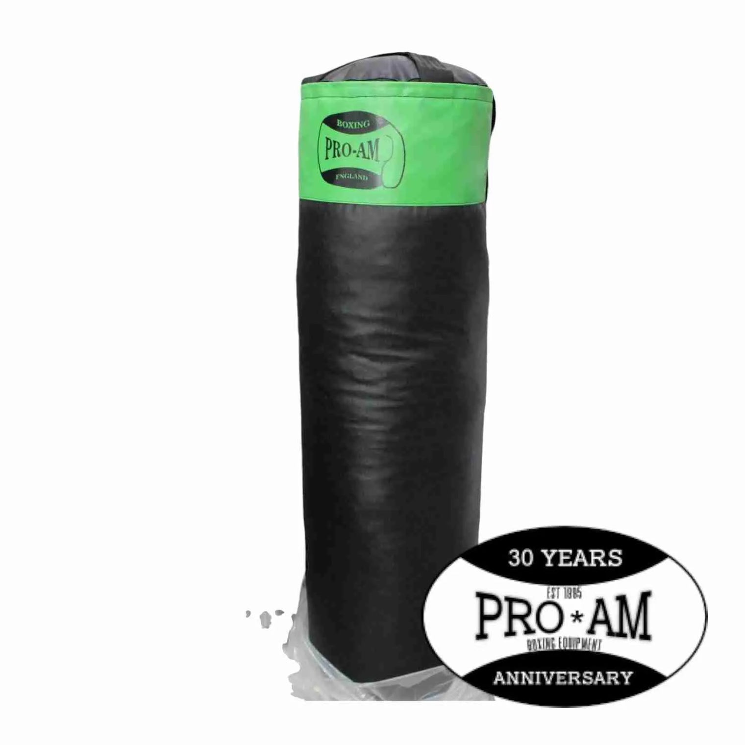 Pro-Am Vinyl Punch Bags in green and black, hanging for boxing training, branded by Proamboxinguk.