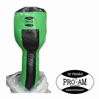Green and black Pro-Am vinyl punch bag by Proamboxinguk, hanging for boxing training or workout.