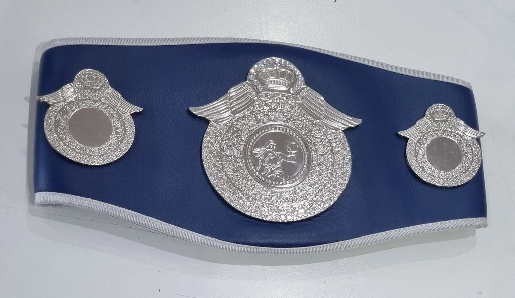 Pro-Am Champions boxing belt with custom award design, featuring a shiny gold plate and black leather strap by Proamboxinguk.