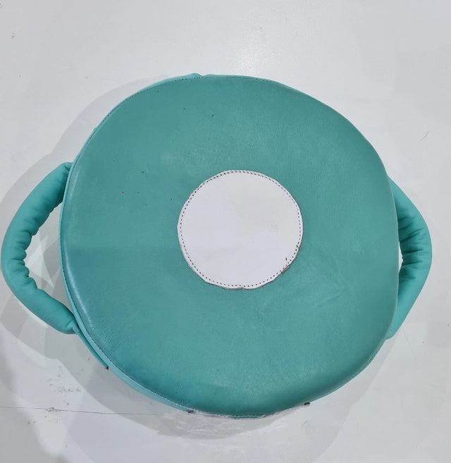 Small Mexican leather punch shield by Proamboxinguk, featuring sturdy leather construction and padded handles for boxing training.
