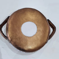 Small Mexican leather punch shield by Proamboxinguk featuring durable leather and padded handles for boxing training.