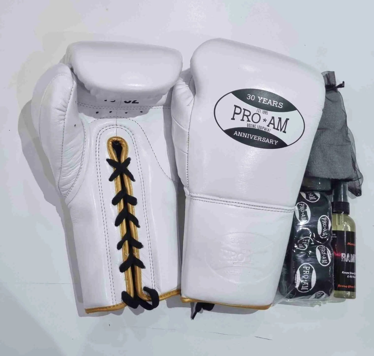 Pro-Am Professional Hybrid 2 boxing gloves in black with lace-up design, featuring padded palms and adjustable wrist support.